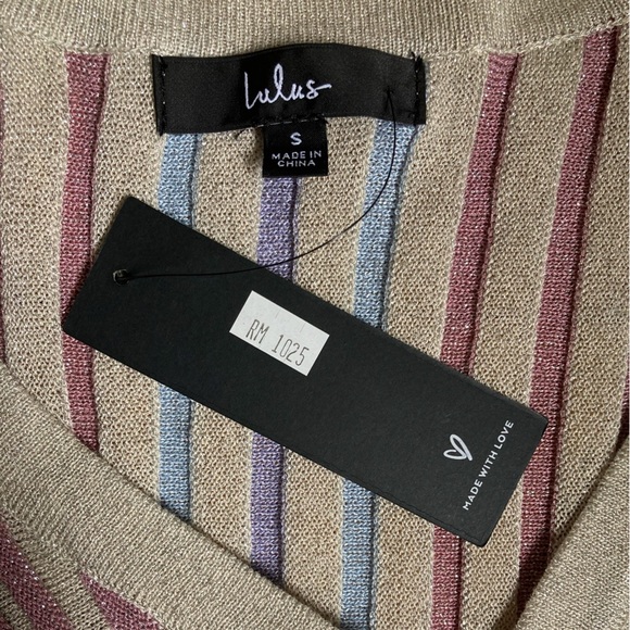 Lulus NWT Eye-Catching Trend Taupe Multi Striped Ribbed Cardigan Top - Picture 10 of 14